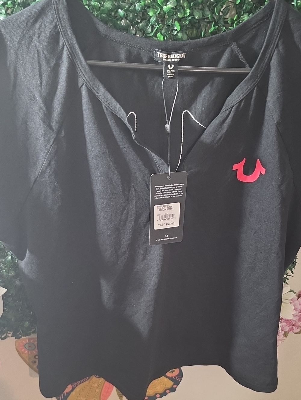 True Religion Black V-Neck Tee with Red Horseshoe Logo